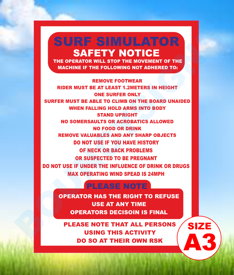 Surf simulator safety notice