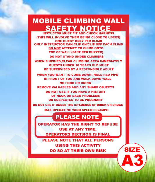 Mobile Climbing Wall safety notice