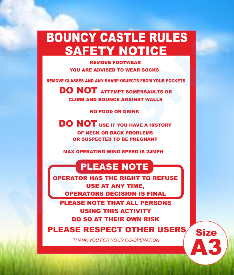 Bouncy castle rules safety sign